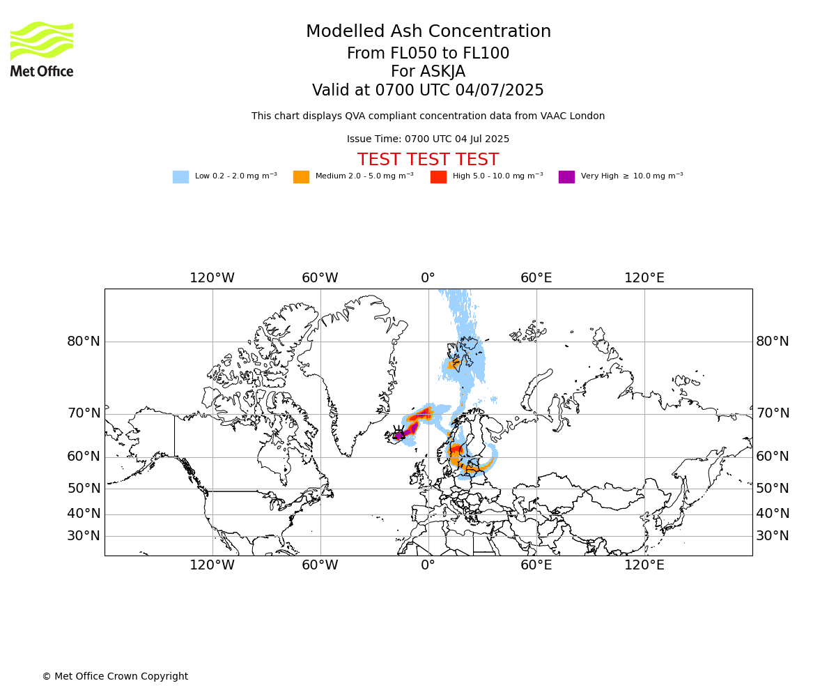 Modelled ash concentration from 050 to 100 for ASKJA. Valid at 0700 UTC 04/07/2025