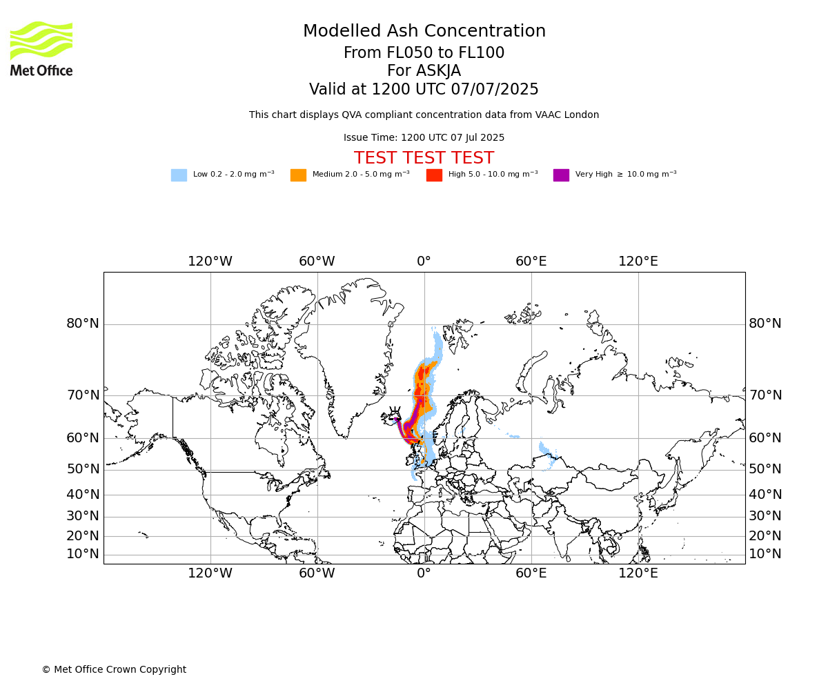 Modelled ash concentration from 050 to 100 for ASKJA. Valid at 1200 UTC 07/07/2025