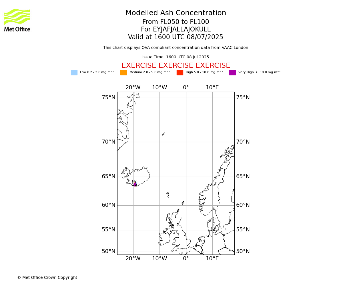 Modelled ash concentration from 050 to 100 for EYJAFJALLAJOKULL. Valid at 1600 UTC 08/07/2025