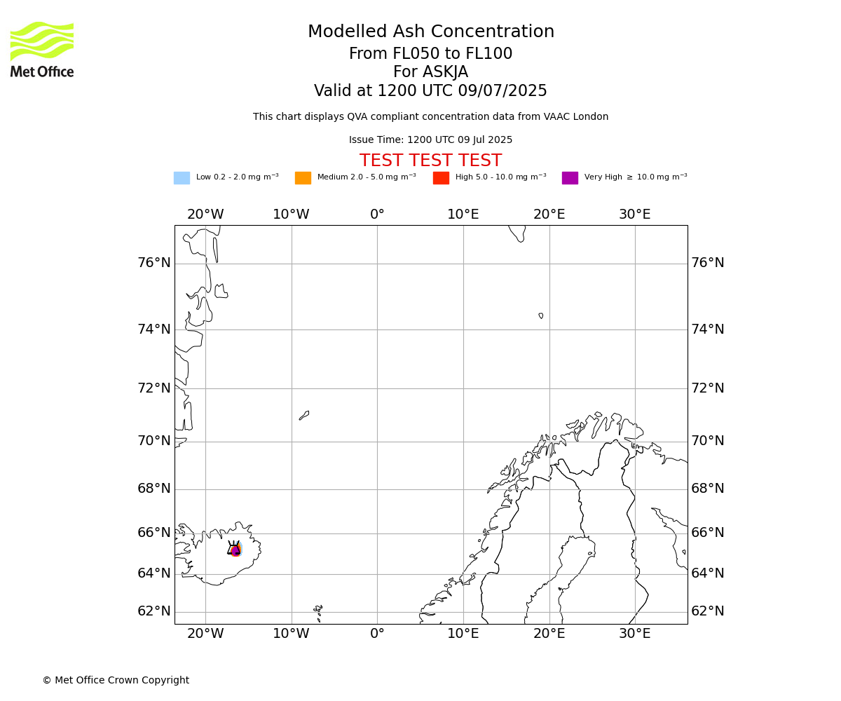 Modelled ash concentration from 050 to 100 for ASKJA. Valid at 1200 UTC 09/07/2025