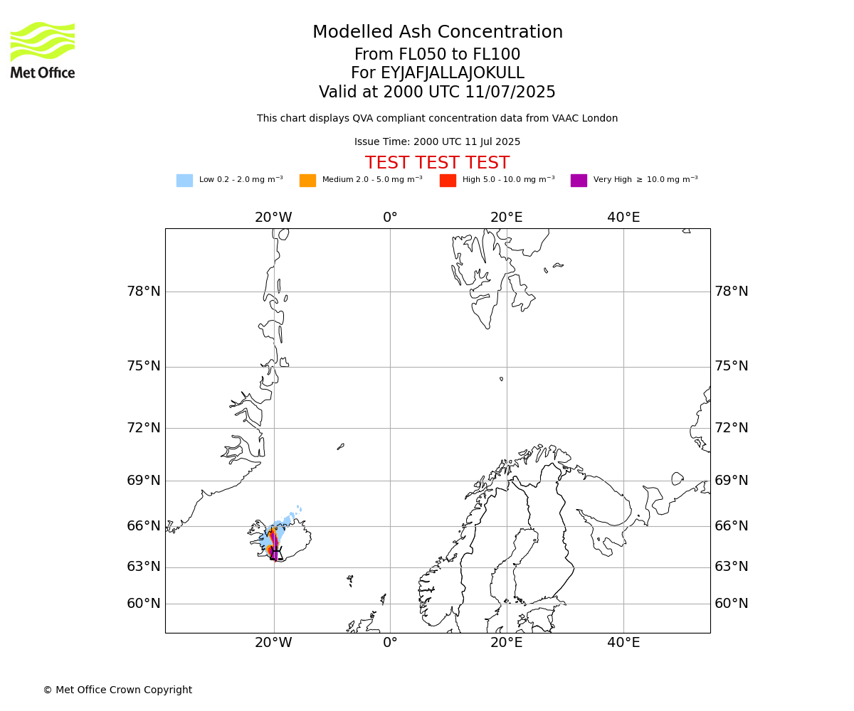 Modelled ash concentration from 050 to 100 for EYJAFJALLAJOKULL. Valid at 2000 UTC 11/07/2025
