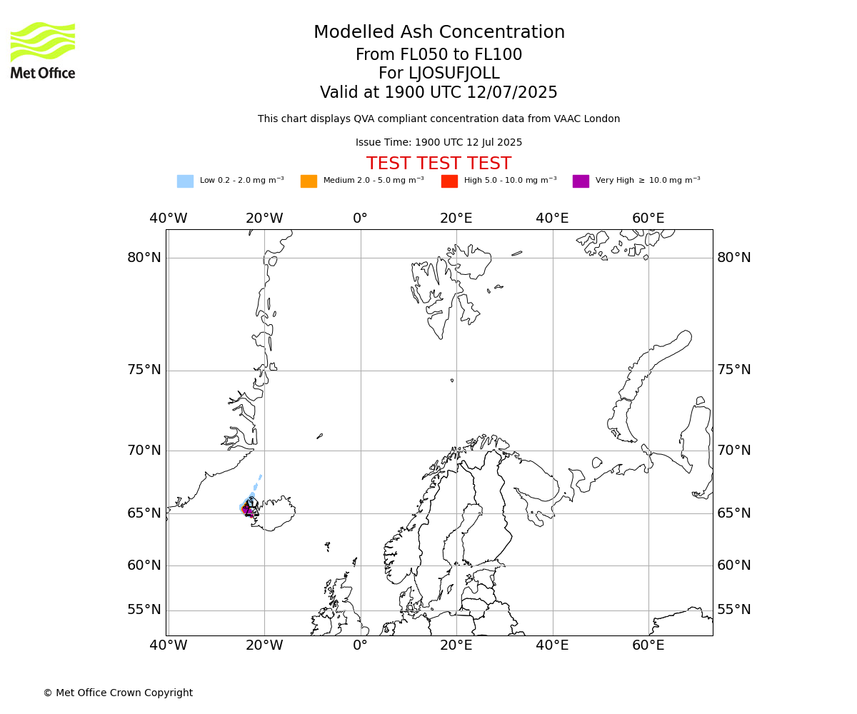 Modelled ash concentration from 050 to 100 for LJOSUFJOLL. Valid at 1900 UTC 12/07/2025