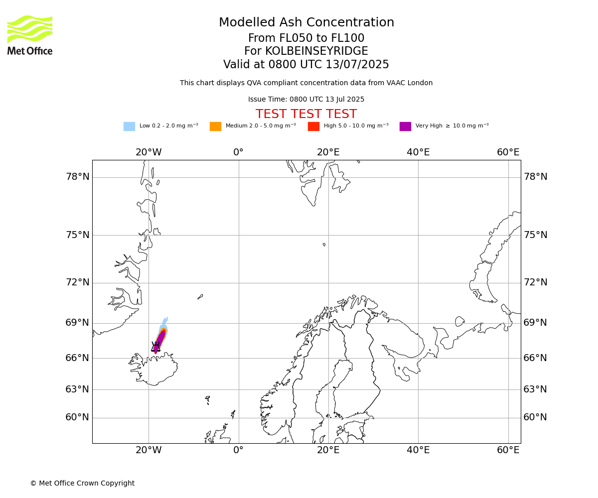 Modelled ash concentration from 050 to 100 for KOLBEINSEYRIDGE. Valid at 0800 UTC 13/07/2025