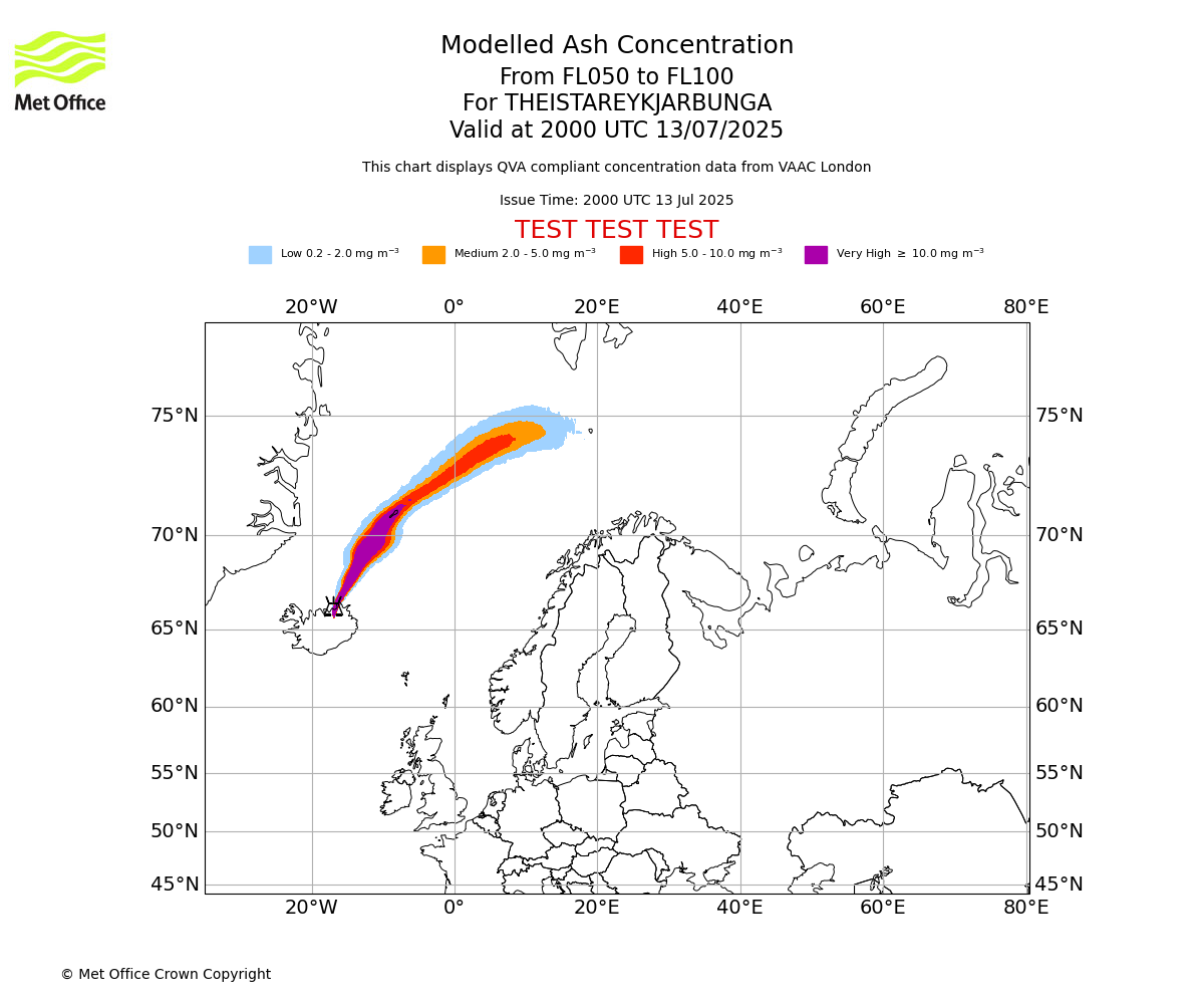 Modelled ash concentration from 050 to 100 for THEISTAREYKJARBUNGA. Valid at 2000 UTC 13/07/2025