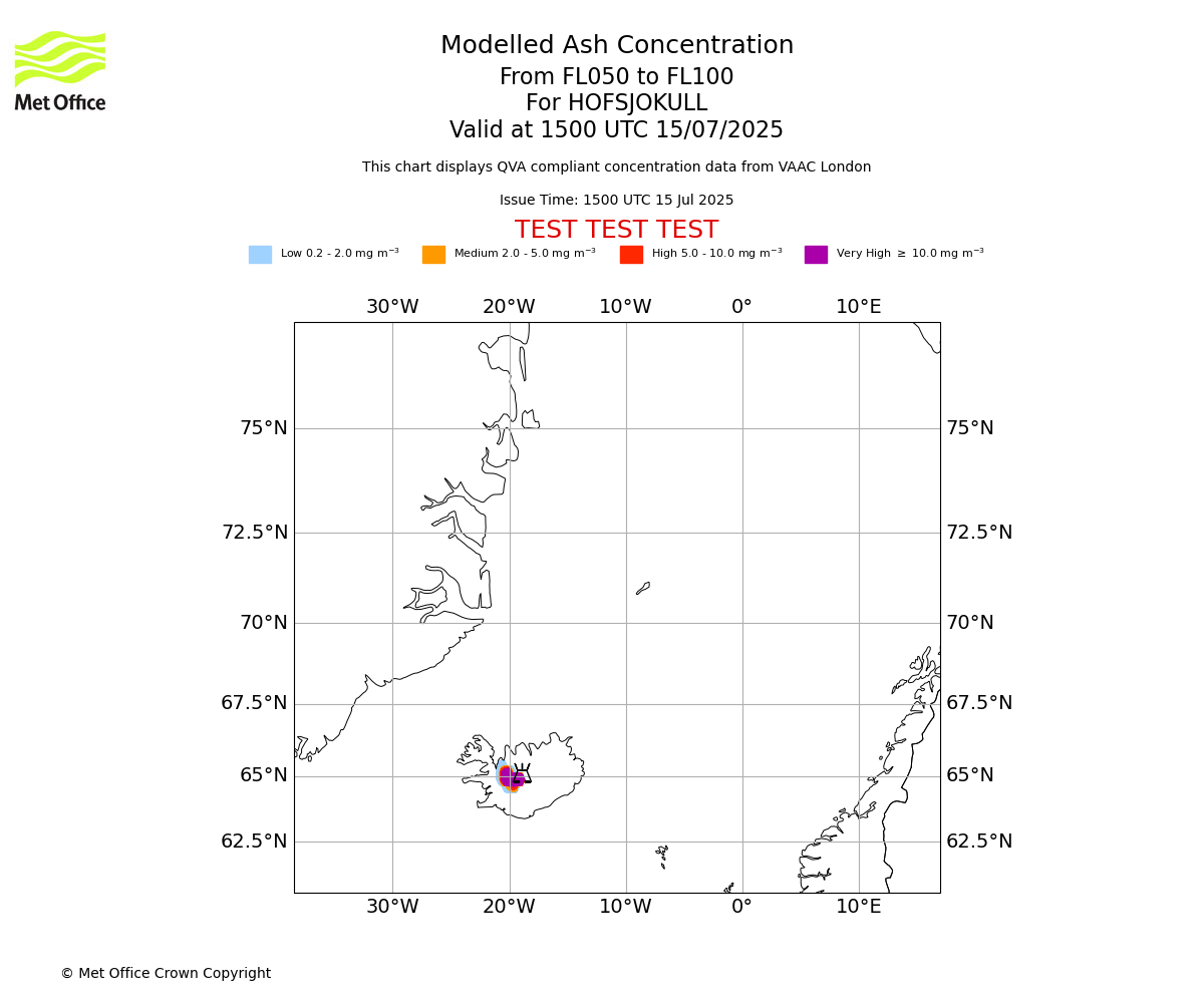 Modelled ash concentration from 050 to 100 for HOFSJOKULL. Valid at 1500 UTC 15/07/2025