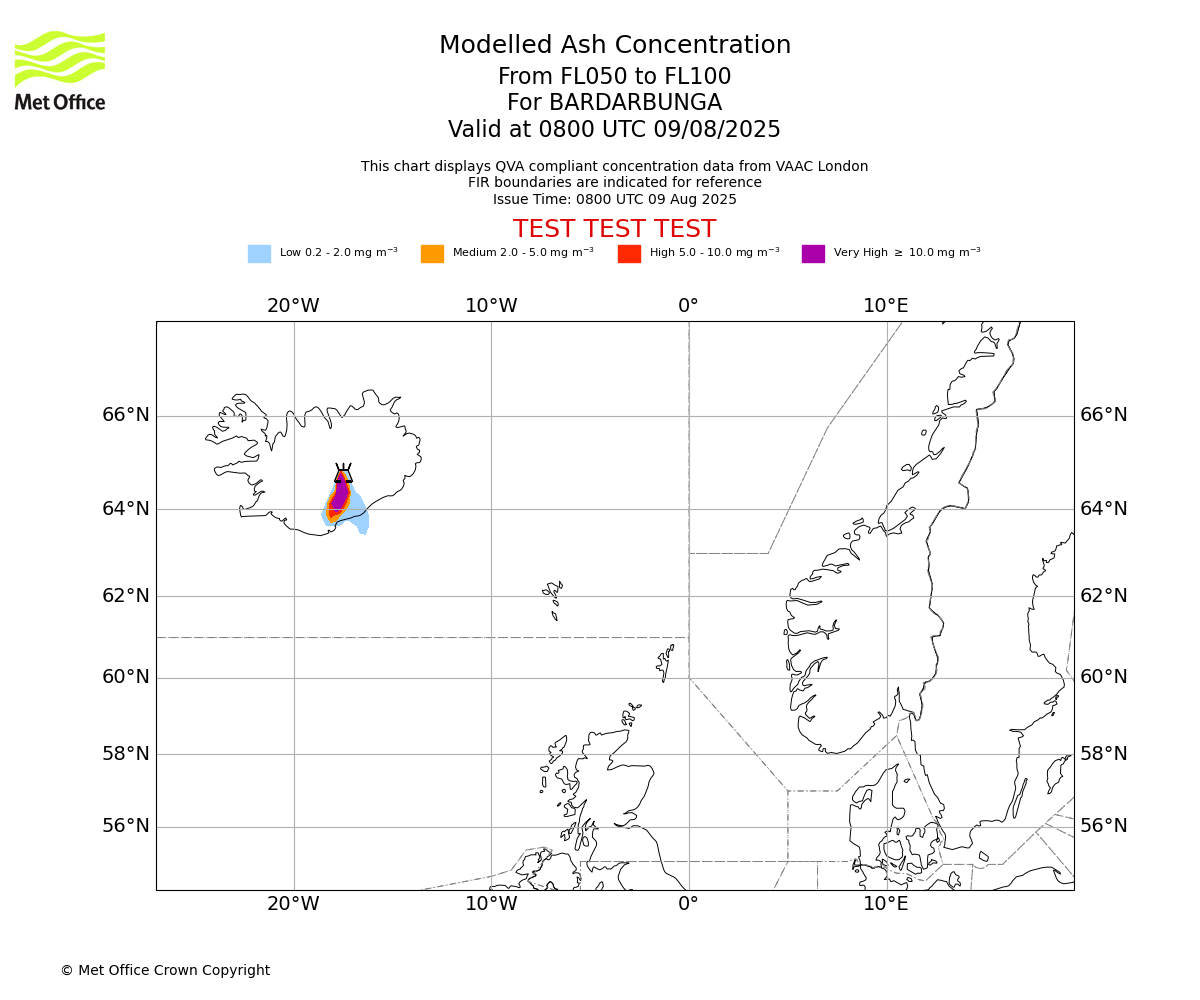 Modelled ash concentration from 050 to 100 for BARDARBUNGA. Valid at 0800 UTC 09/08/2025