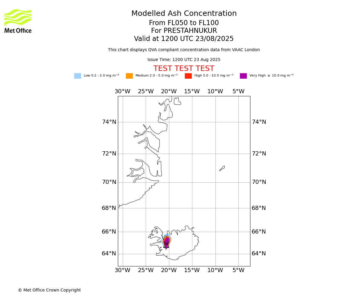 Modelled ash concentration from 050 to 100 for PRESTAHNUKUR. Valid at 1200 UTC 23/08/2025