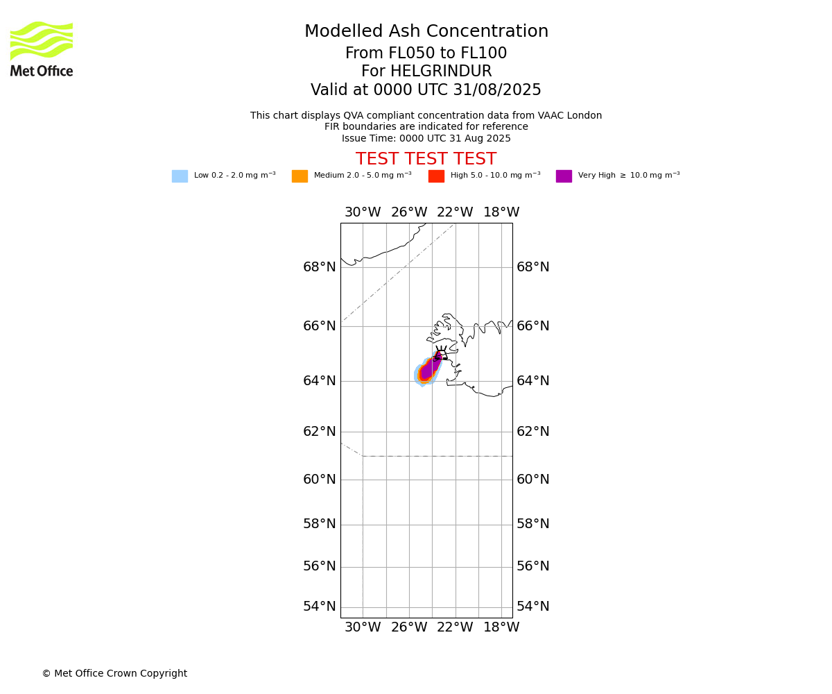 Modelled ash concentration from 050 to 100 for HELGRINDUR. Valid at 0000 UTC 31/08/2025