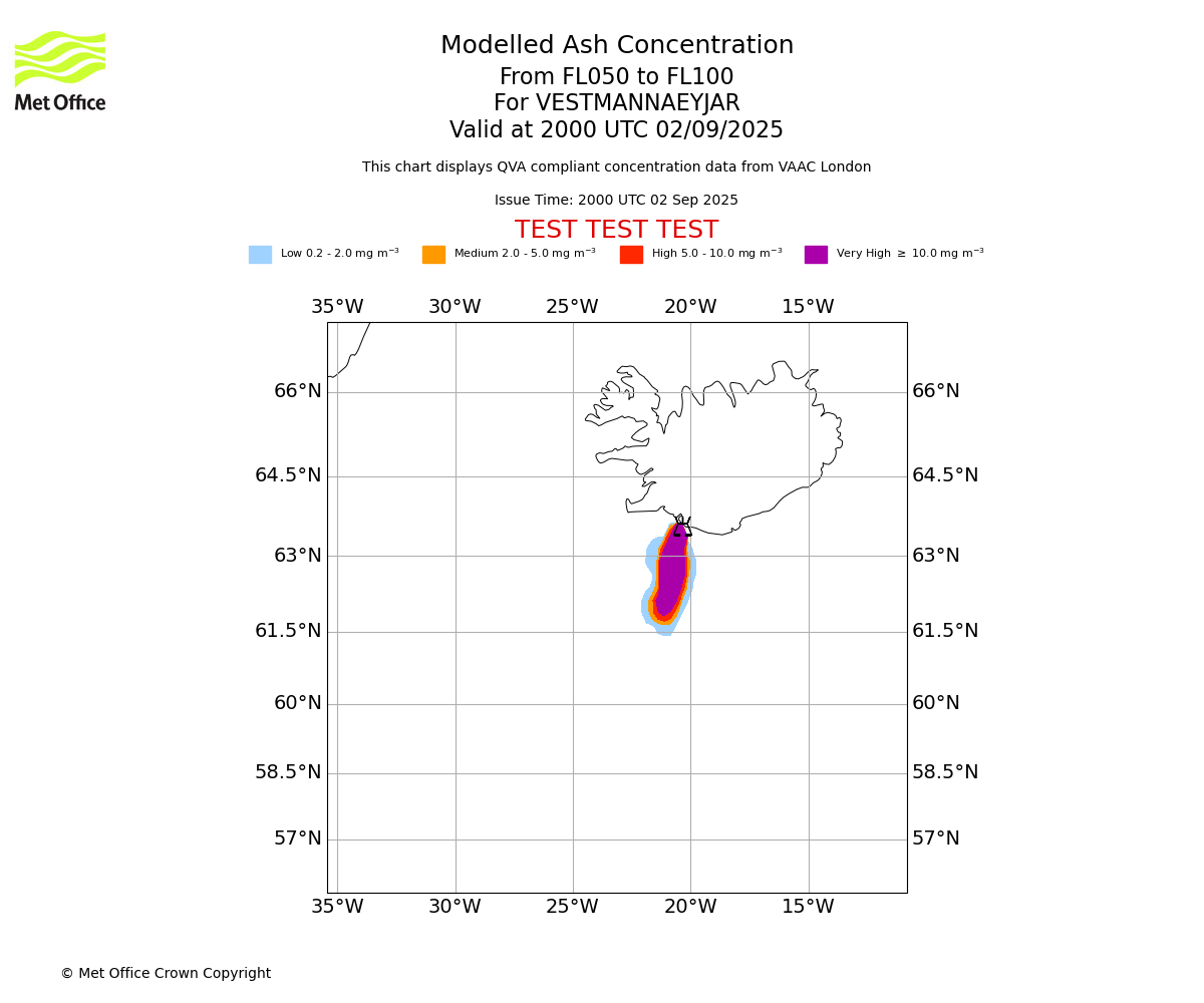 Modelled ash concentration from 050 to 100 for VESTMANNAEYJAR. Valid at 2000 UTC 02/09/2025