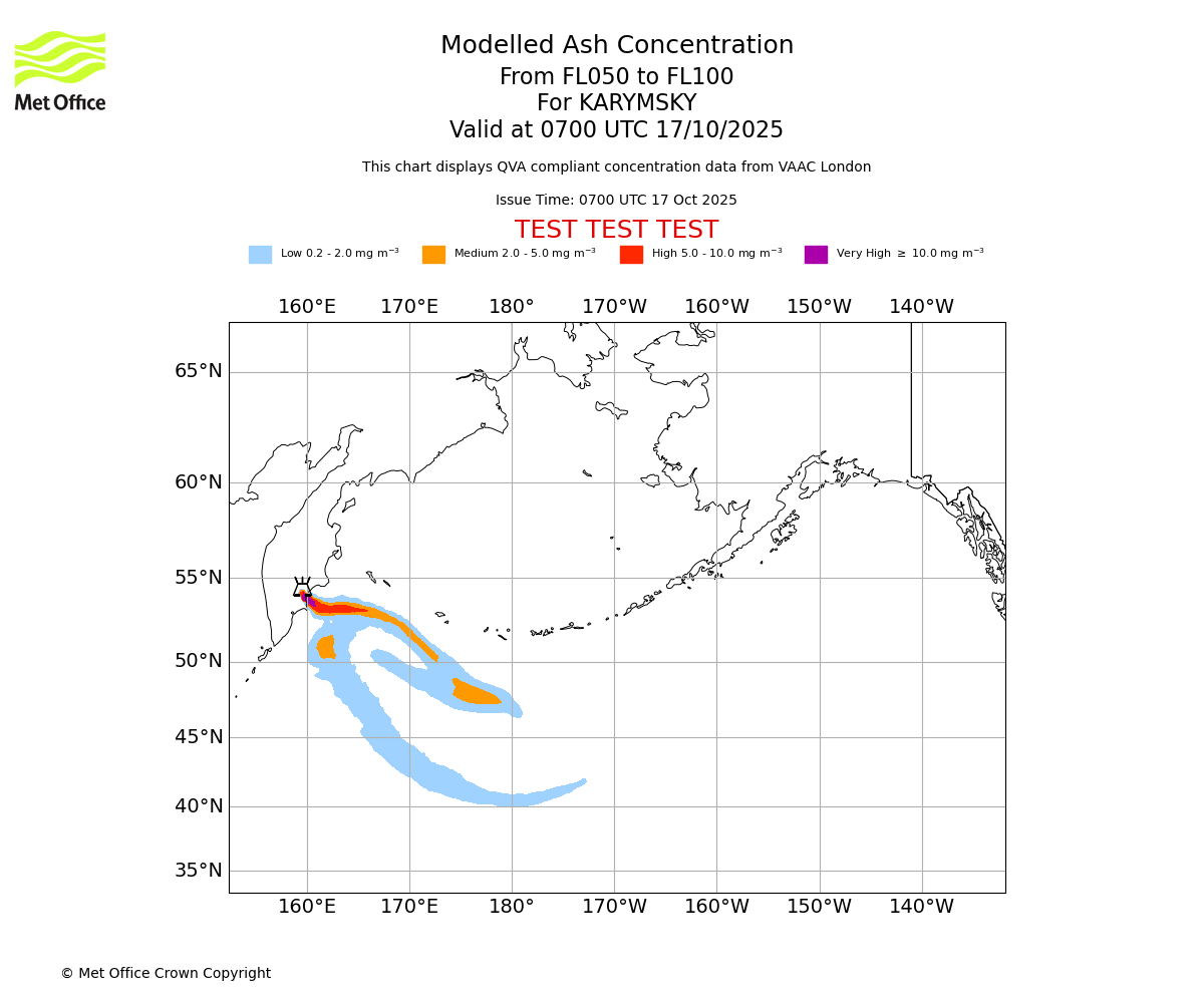 Modelled ash concentration from 050 to 100 for KARYMSKY. Valid at 0700 UTC 17/10/2025