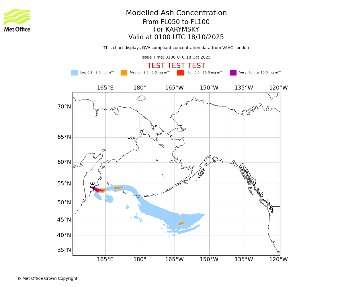 Modelled ash concentration from 050 to 100 for KARYMSKY. Valid at 0100 UTC 18/10/2025