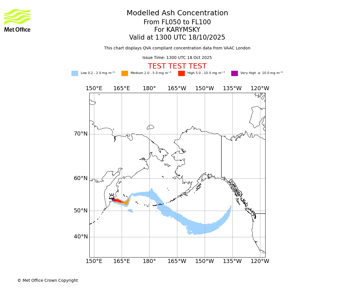 Modelled ash concentration from 050 to 100 for KARYMSKY. Valid at 1300 UTC 18/10/2025