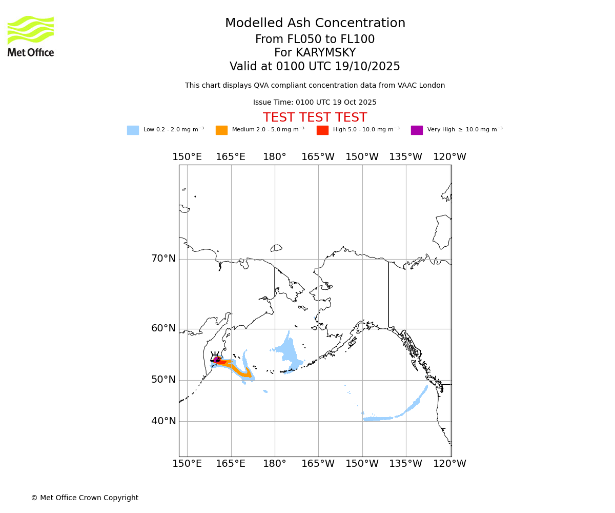 Modelled ash concentration from 050 to 100 for KARYMSKY. Valid at 0100 UTC 19/10/2025