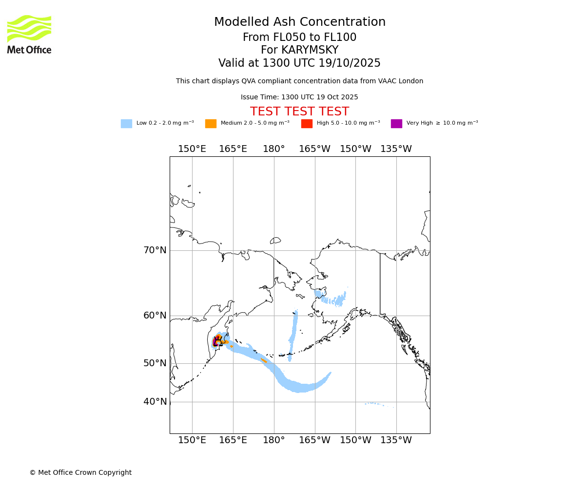 Modelled ash concentration from 050 to 100 for KARYMSKY. Valid at 1300 UTC 19/10/2025