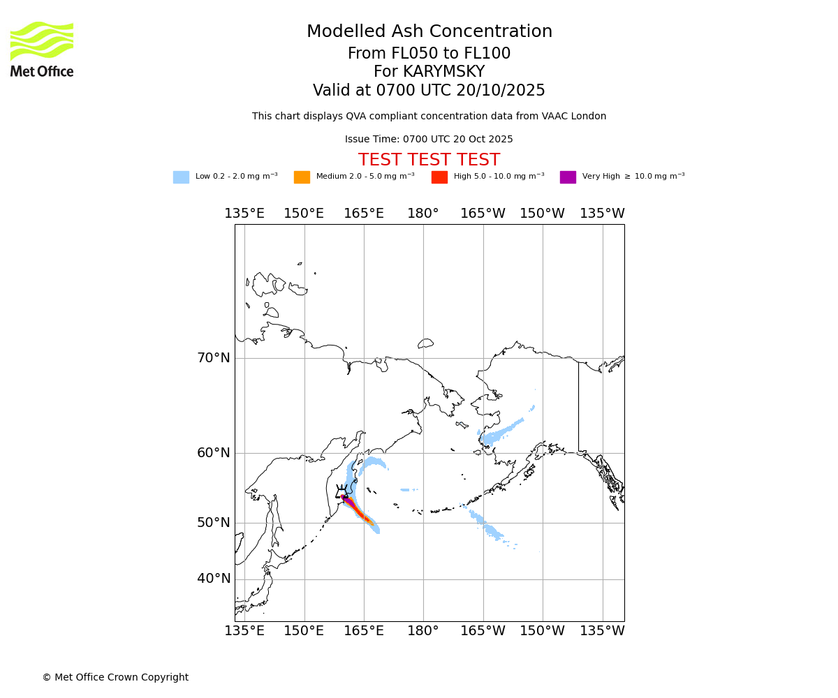 Modelled ash concentration from 050 to 100 for KARYMSKY. Valid at 0700 UTC 20/10/2025