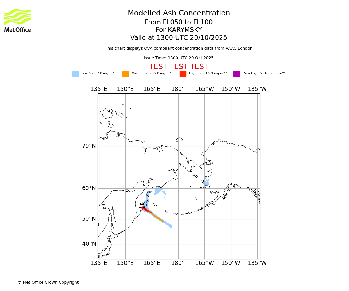 Modelled ash concentration from 050 to 100 for KARYMSKY. Valid at 1300 UTC 20/10/2025