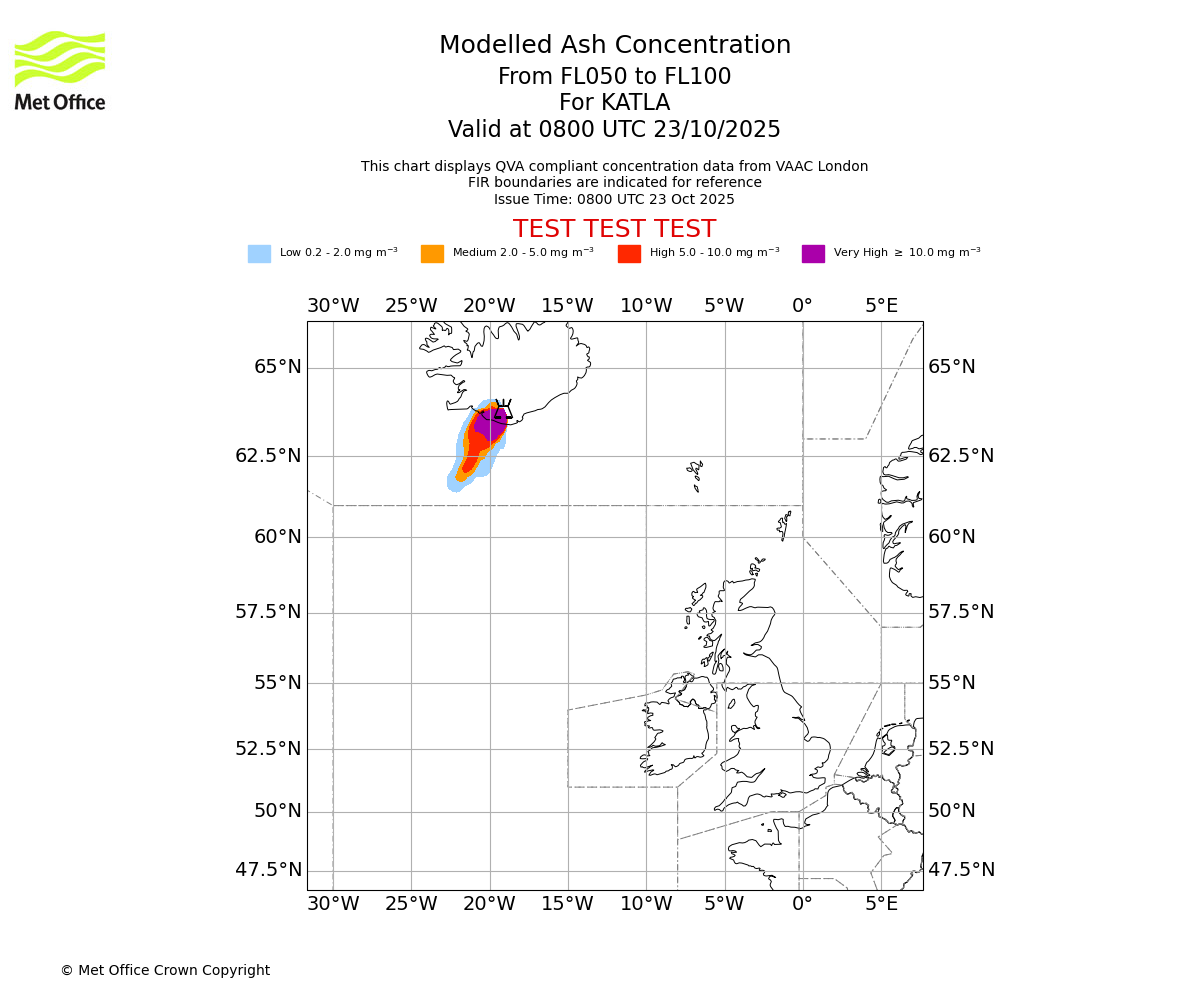 Modelled ash concentration from 050 to 100 for KATLA. Valid at 0800 UTC 23/10/2025