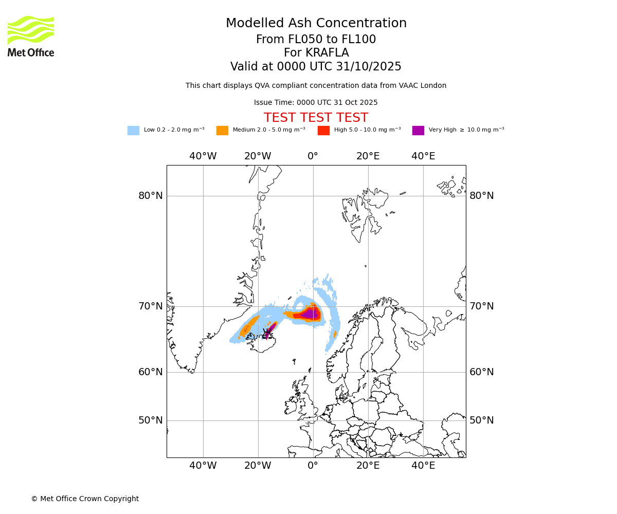 Modelled ash concentration from 050 to 100 for KRAFLA. Valid at 0000 UTC 31/10/2025