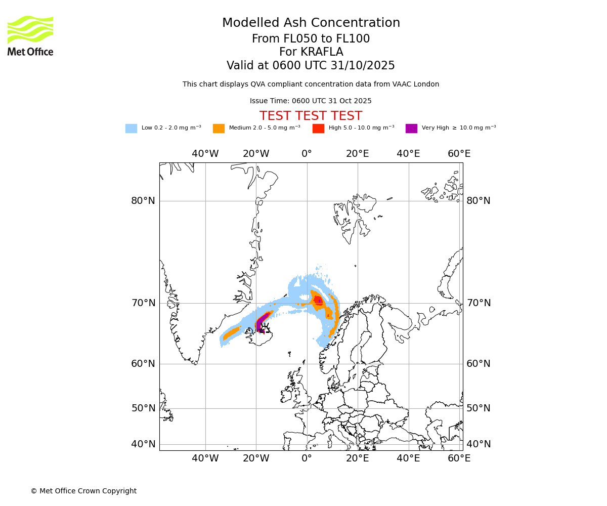 Modelled ash concentration from 050 to 100 for KRAFLA. Valid at 0600 UTC 31/10/2025