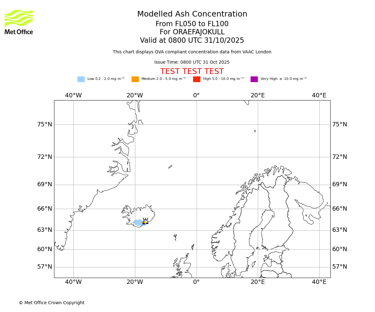 Modelled ash concentration from 050 to 100 for ORAEFAJOKULL. Valid at 0800 UTC 31/10/2025