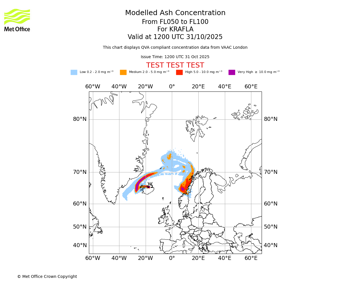 Modelled ash concentration from 050 to 100 for KRAFLA. Valid at 1200 UTC 31/10/2025