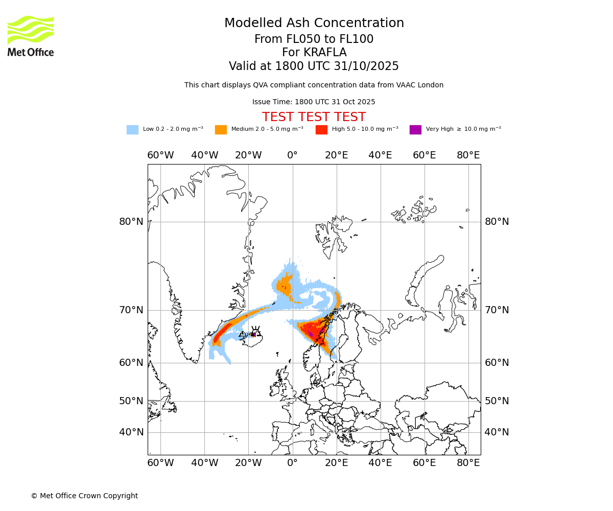 Modelled ash concentration from 050 to 100 for KRAFLA. Valid at 1800 UTC 31/10/2025