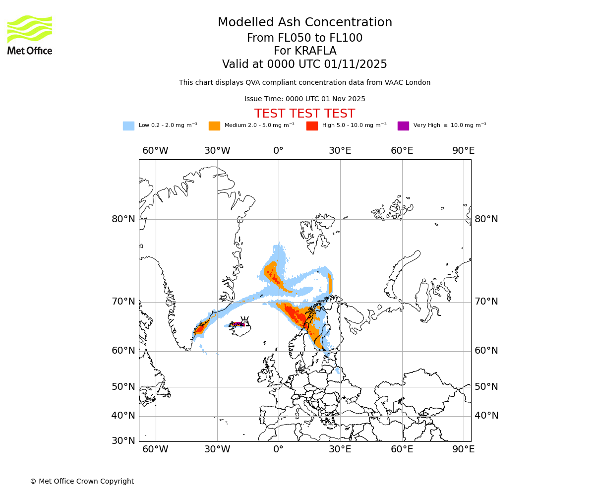 Modelled ash concentration from 050 to 100 for KRAFLA. Valid at 0000 UTC 01/11/2025