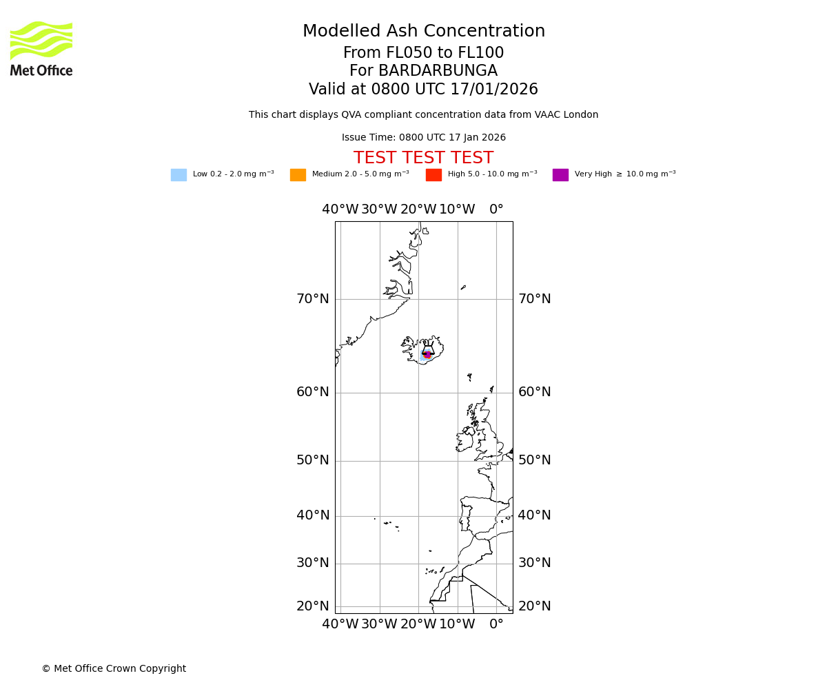 Modelled ash concentration from 050 to 100 for BARDARBUNGA. Valid at 0800 UTC 17/01/2026