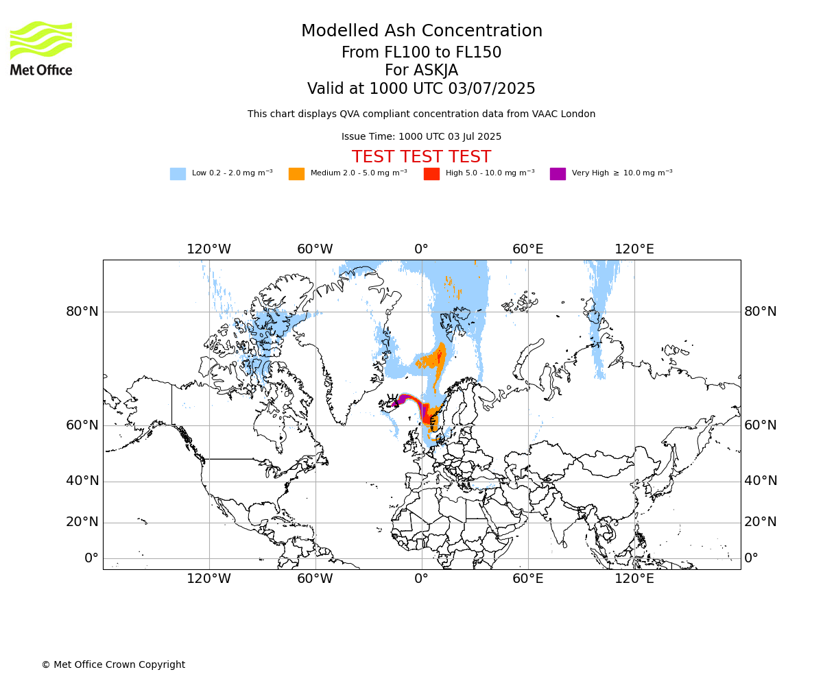 Modelled ash concentration from 100 to 150 for ASKJA. Valid at 1000 UTC 03/07/2025