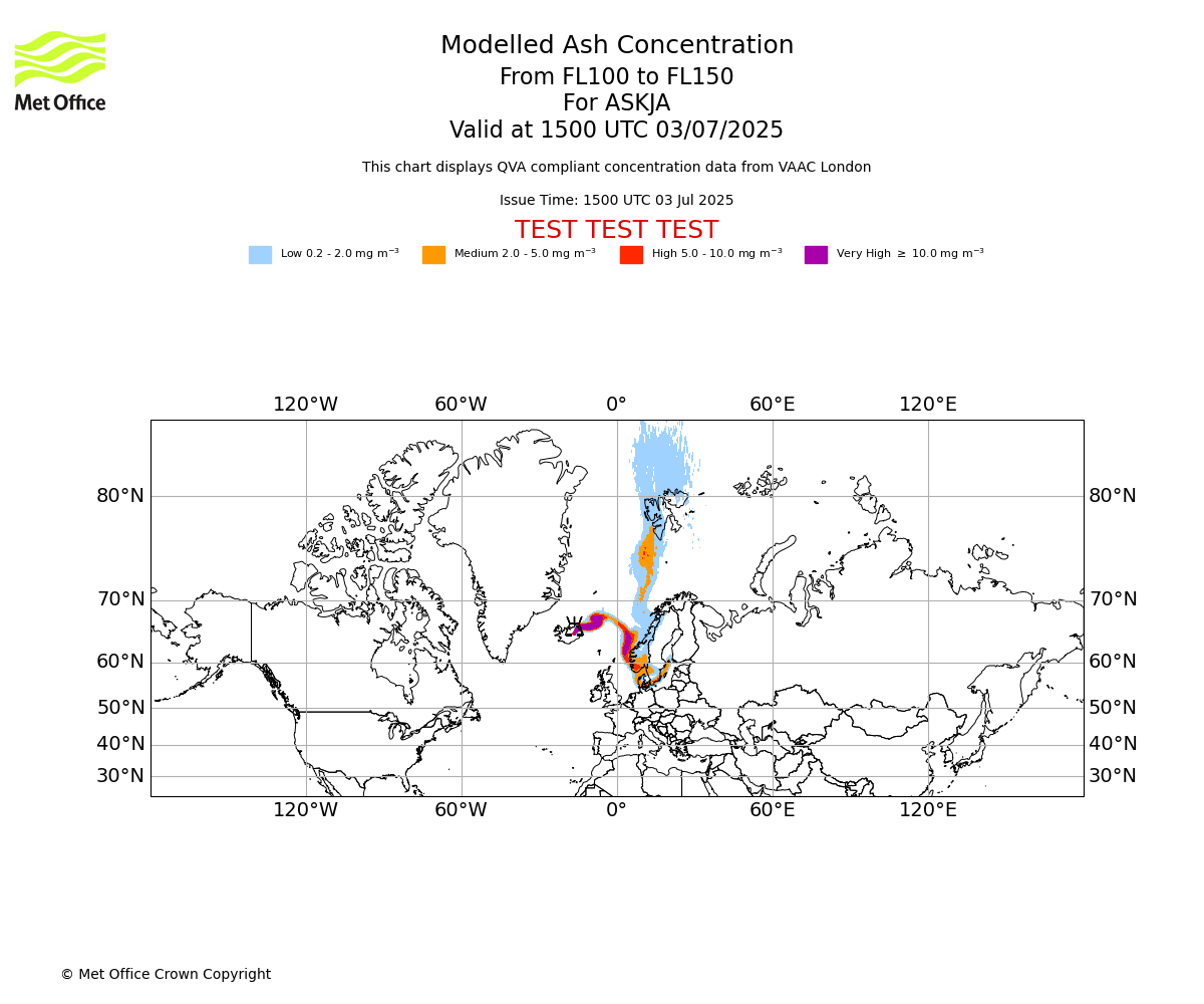Modelled ash concentration from 100 to 150 for ASKJA. Valid at 1500 UTC 03/07/2025