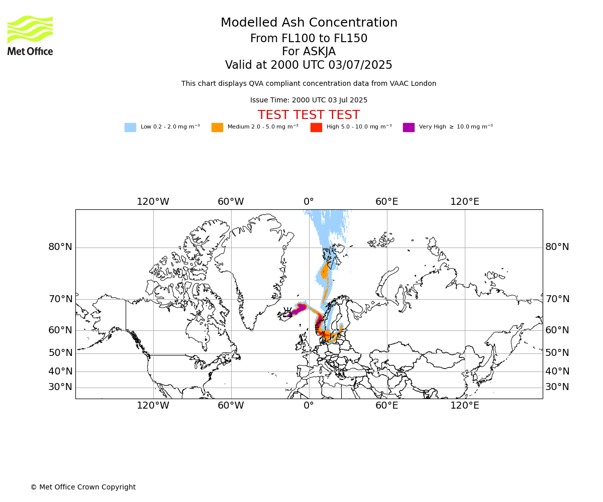 Modelled ash concentration from 100 to 150 for ASKJA. Valid at 2000 UTC 03/07/2025