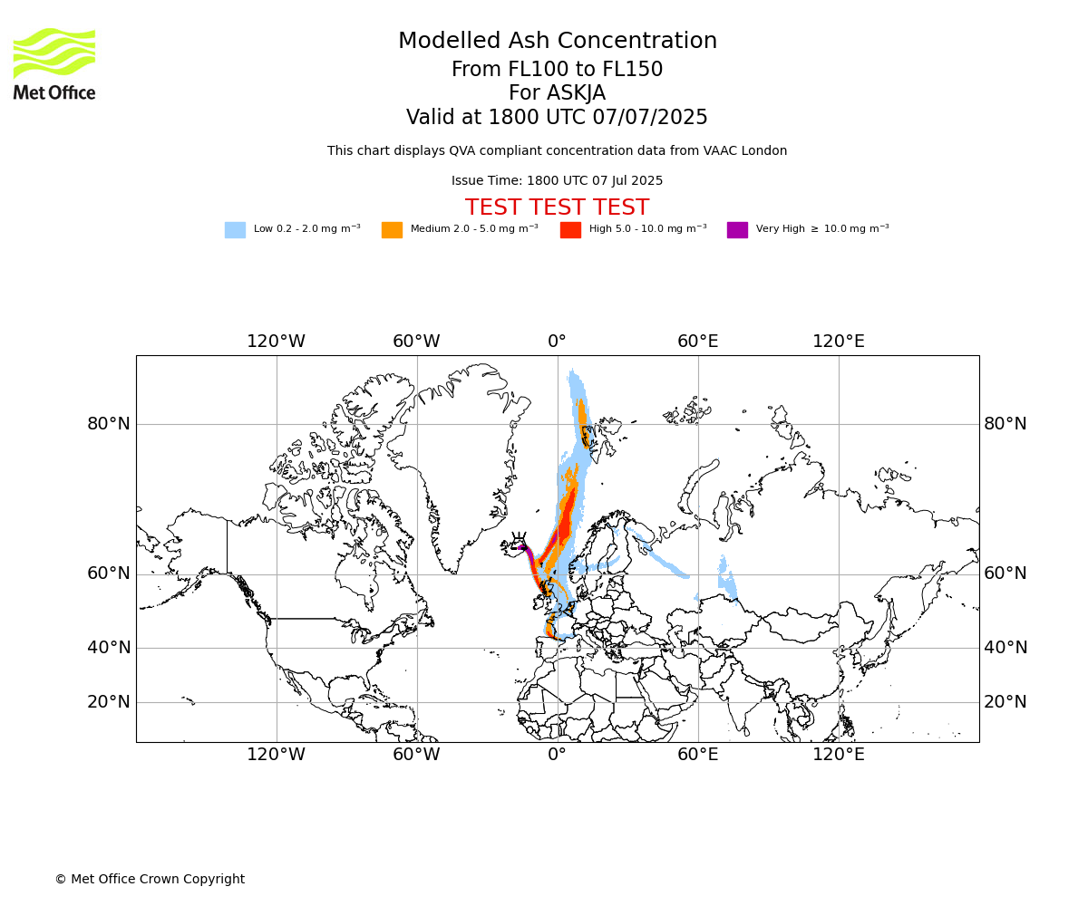 Modelled ash concentration from 100 to 150 for ASKJA. Valid at 1800 UTC 07/07/2025