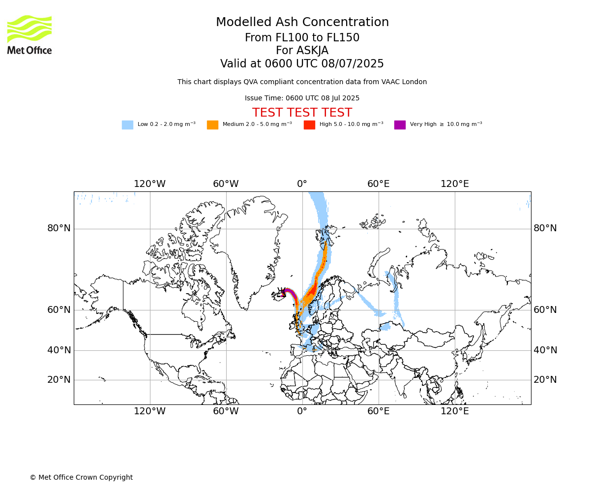 Modelled ash concentration from 100 to 150 for ASKJA. Valid at 0600 UTC 08/07/2025
