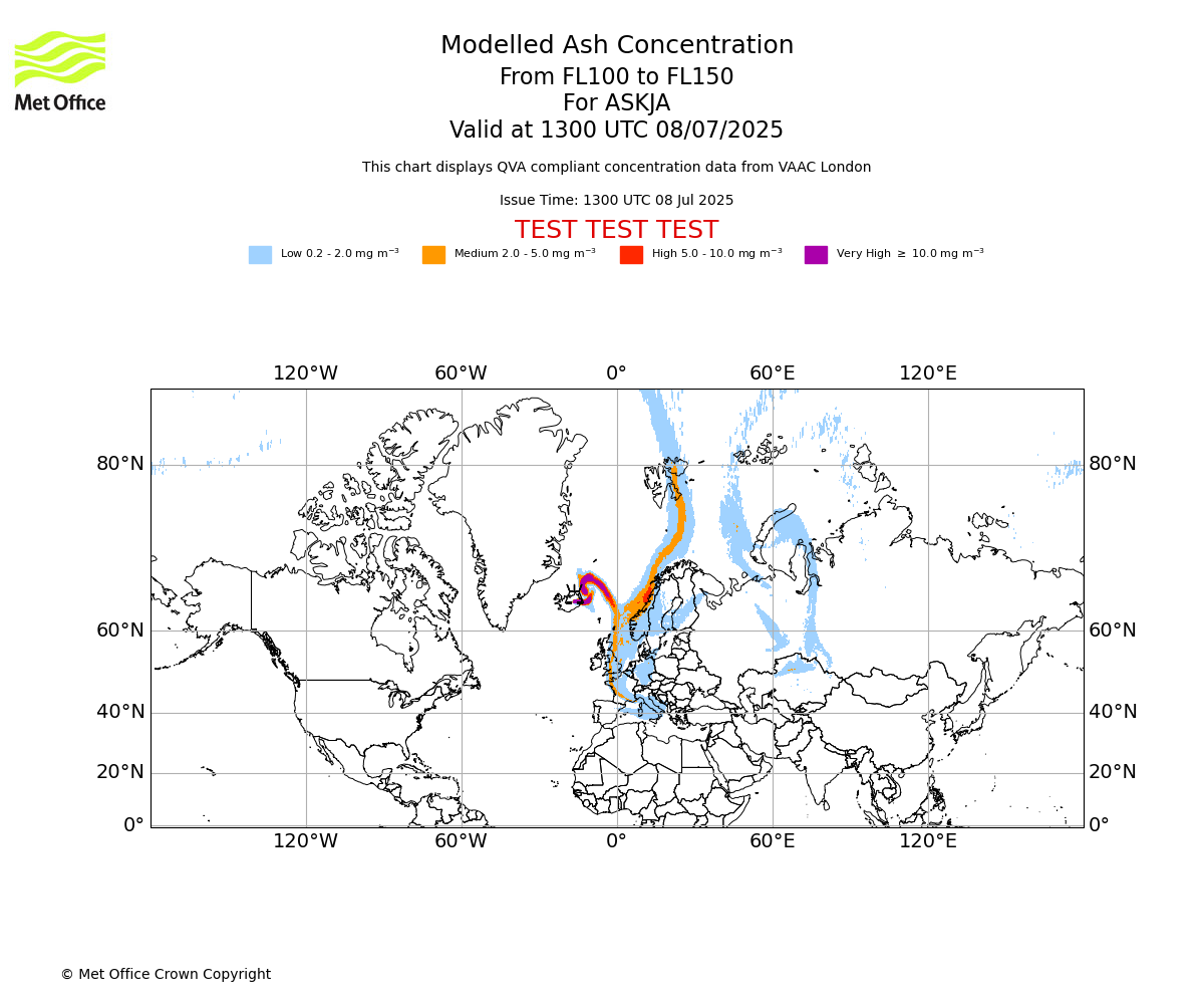 Modelled ash concentration from 100 to 150 for ASKJA. Valid at 1300 UTC 08/07/2025