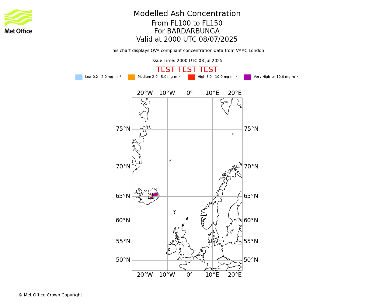 Modelled ash concentration from 100 to 150 for BARDARBUNGA. Valid at 2000 UTC 08/07/2025
