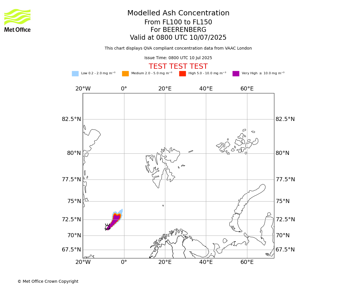 Modelled ash concentration from 100 to 150 for BEERENBERG. Valid at 0800 UTC 10/07/2025