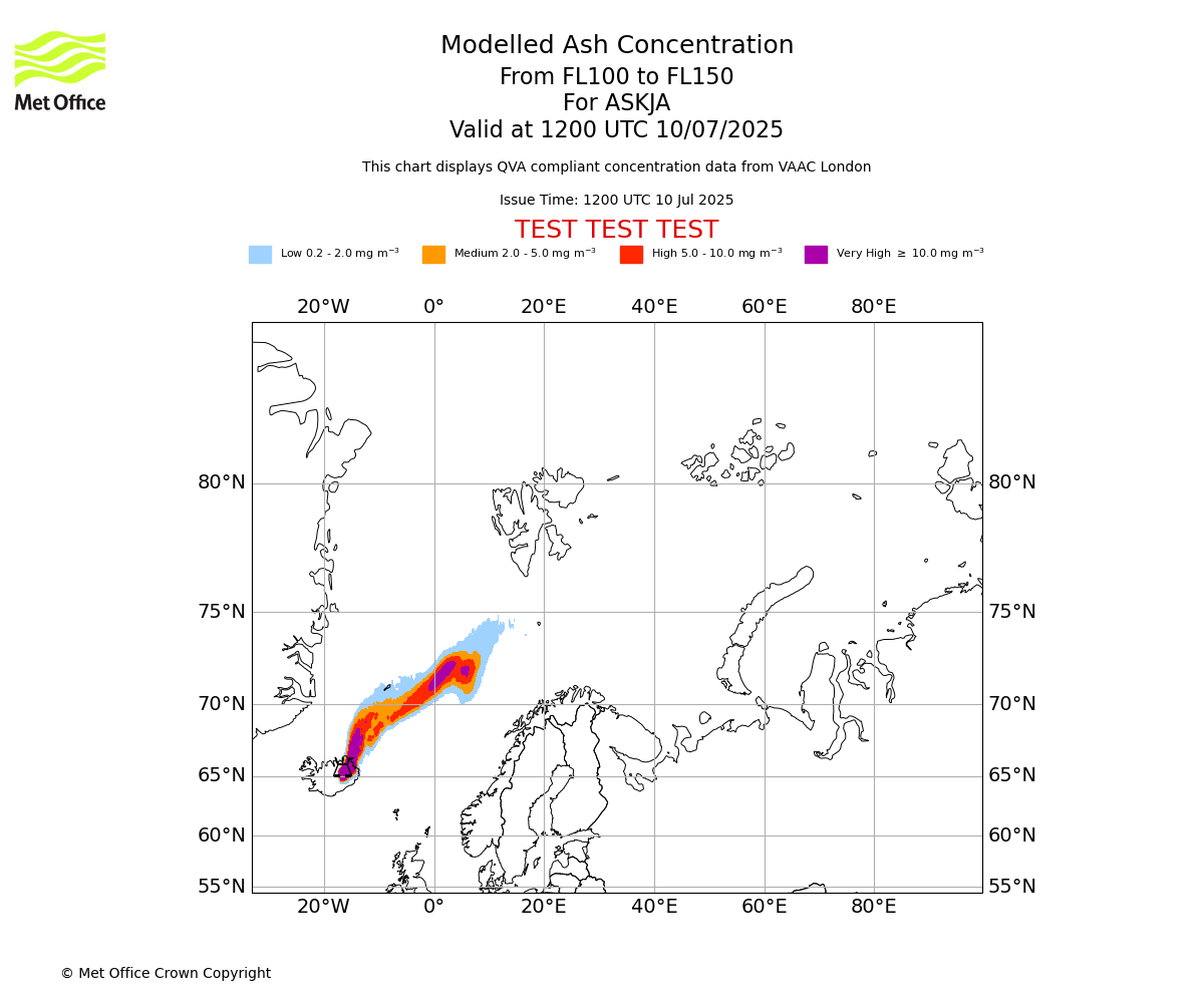 Modelled ash concentration from 100 to 150 for ASKJA. Valid at 1200 UTC 10/07/2025