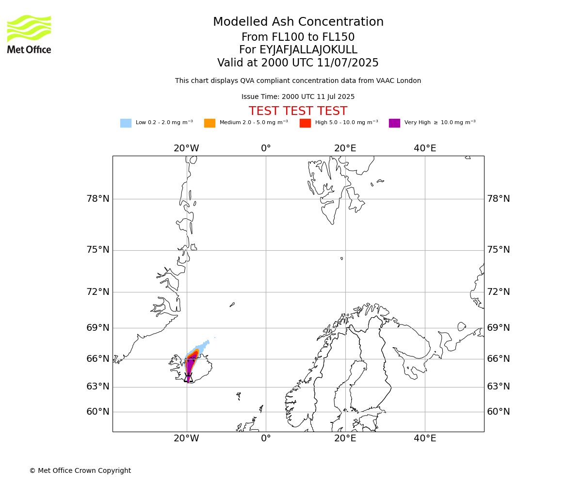 Modelled ash concentration from 100 to 150 for EYJAFJALLAJOKULL. Valid at 2000 UTC 11/07/2025