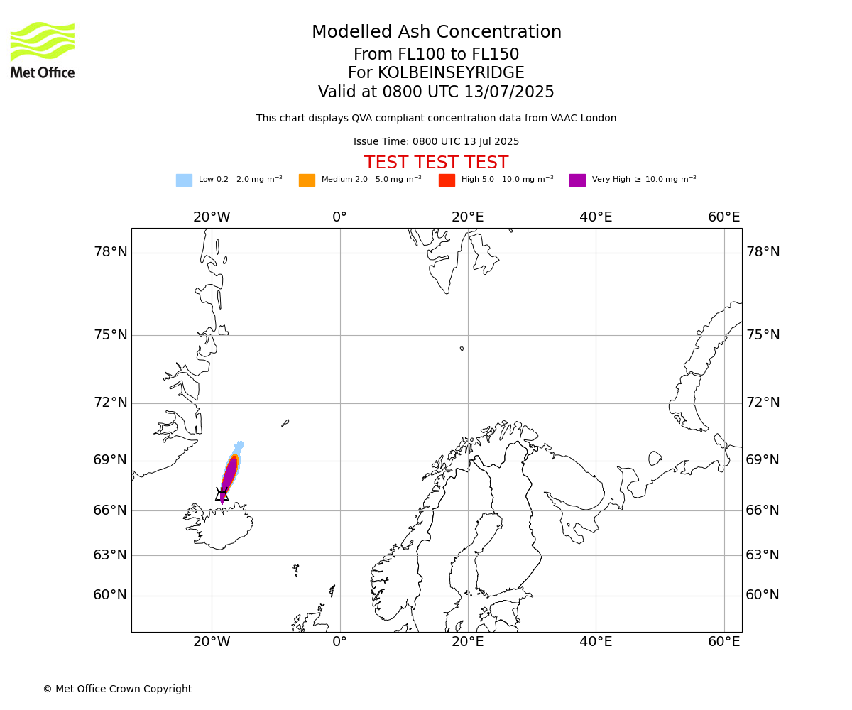 Modelled ash concentration from 100 to 150 for KOLBEINSEYRIDGE. Valid at 0800 UTC 13/07/2025