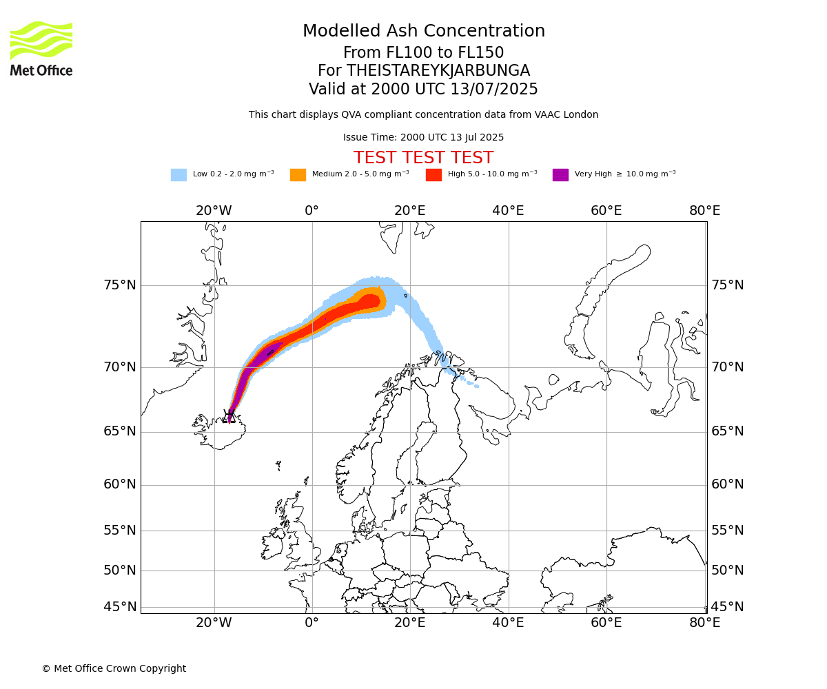 Modelled ash concentration from 100 to 150 for THEISTAREYKJARBUNGA. Valid at 2000 UTC 13/07/2025