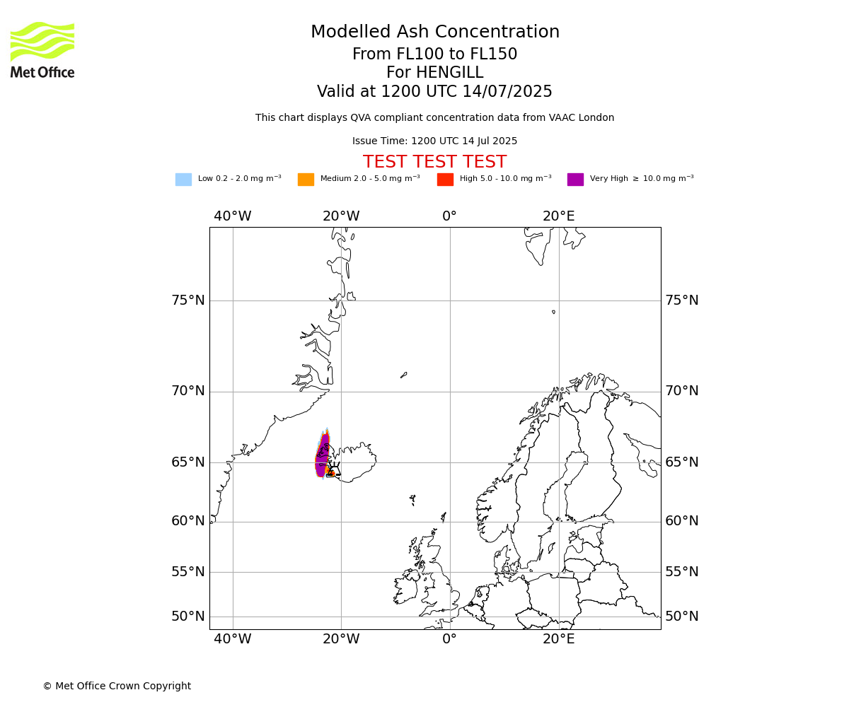 Modelled ash concentration from 100 to 150 for HENGILL. Valid at 1200 UTC 14/07/2025