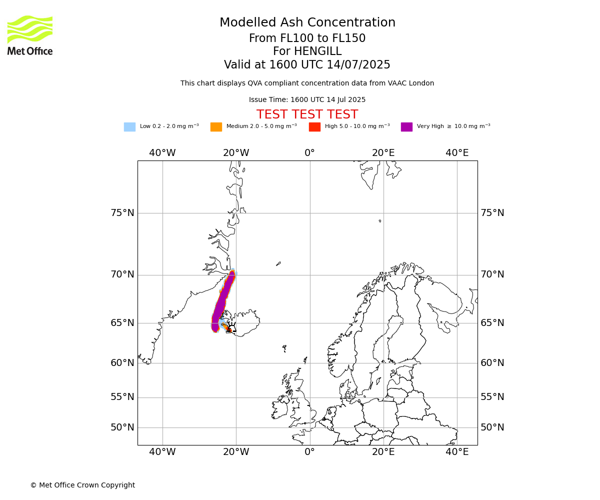 Modelled ash concentration from 100 to 150 for HENGILL. Valid at 1600 UTC 14/07/2025