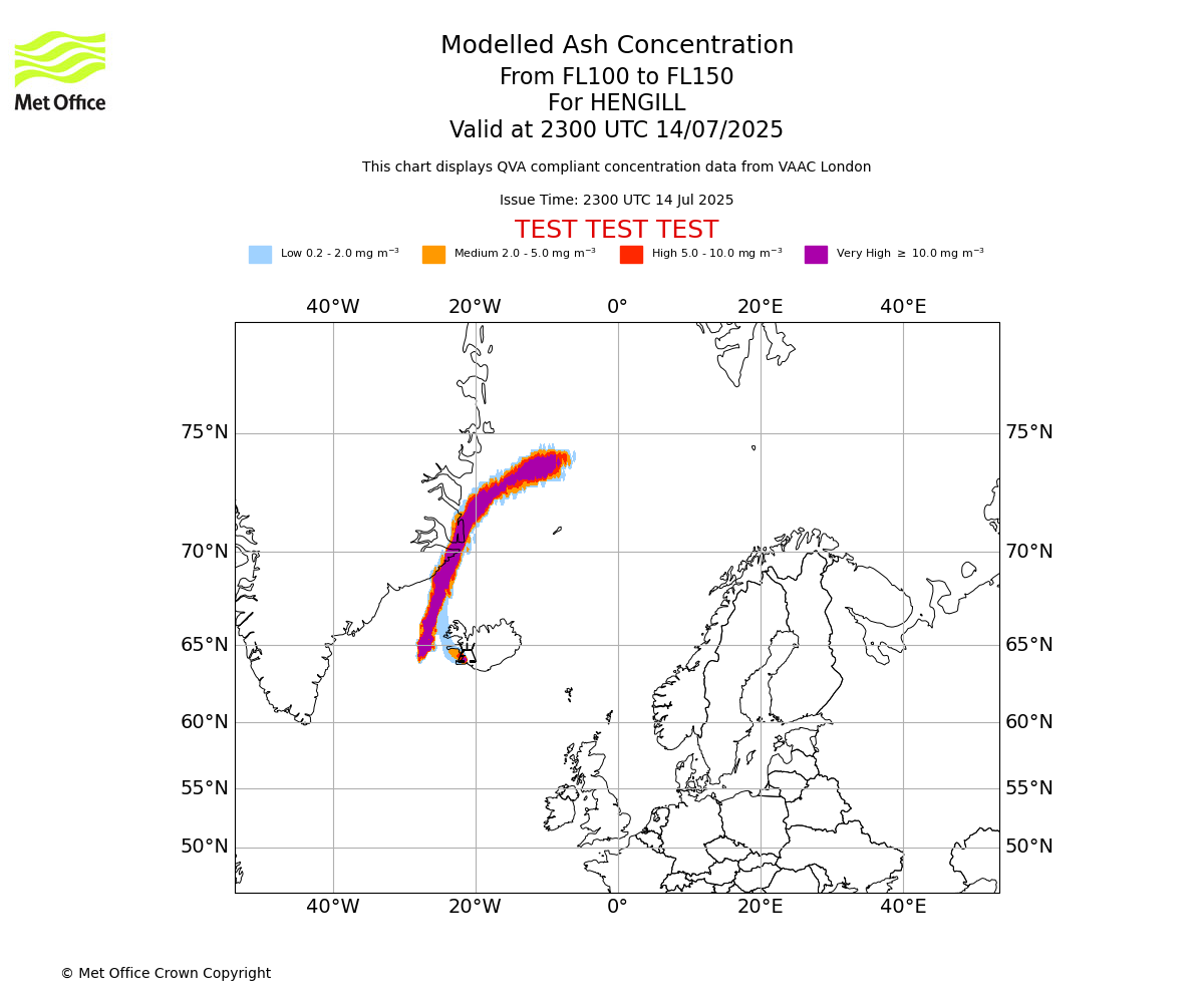 Modelled ash concentration from 100 to 150 for HENGILL. Valid at 2300 UTC 14/07/2025