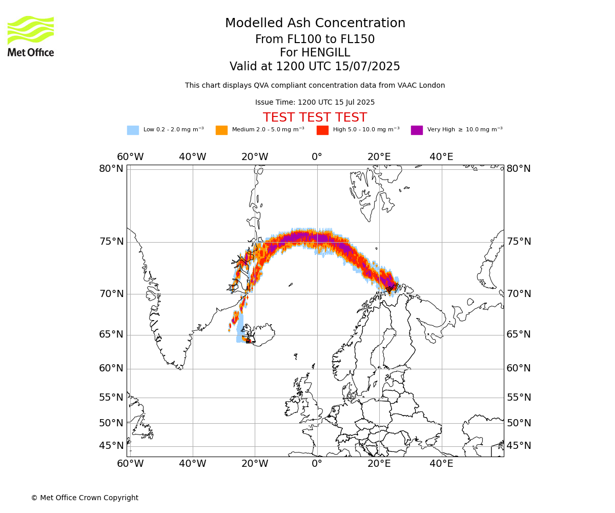 Modelled ash concentration from 100 to 150 for HENGILL. Valid at 1200 UTC 15/07/2025