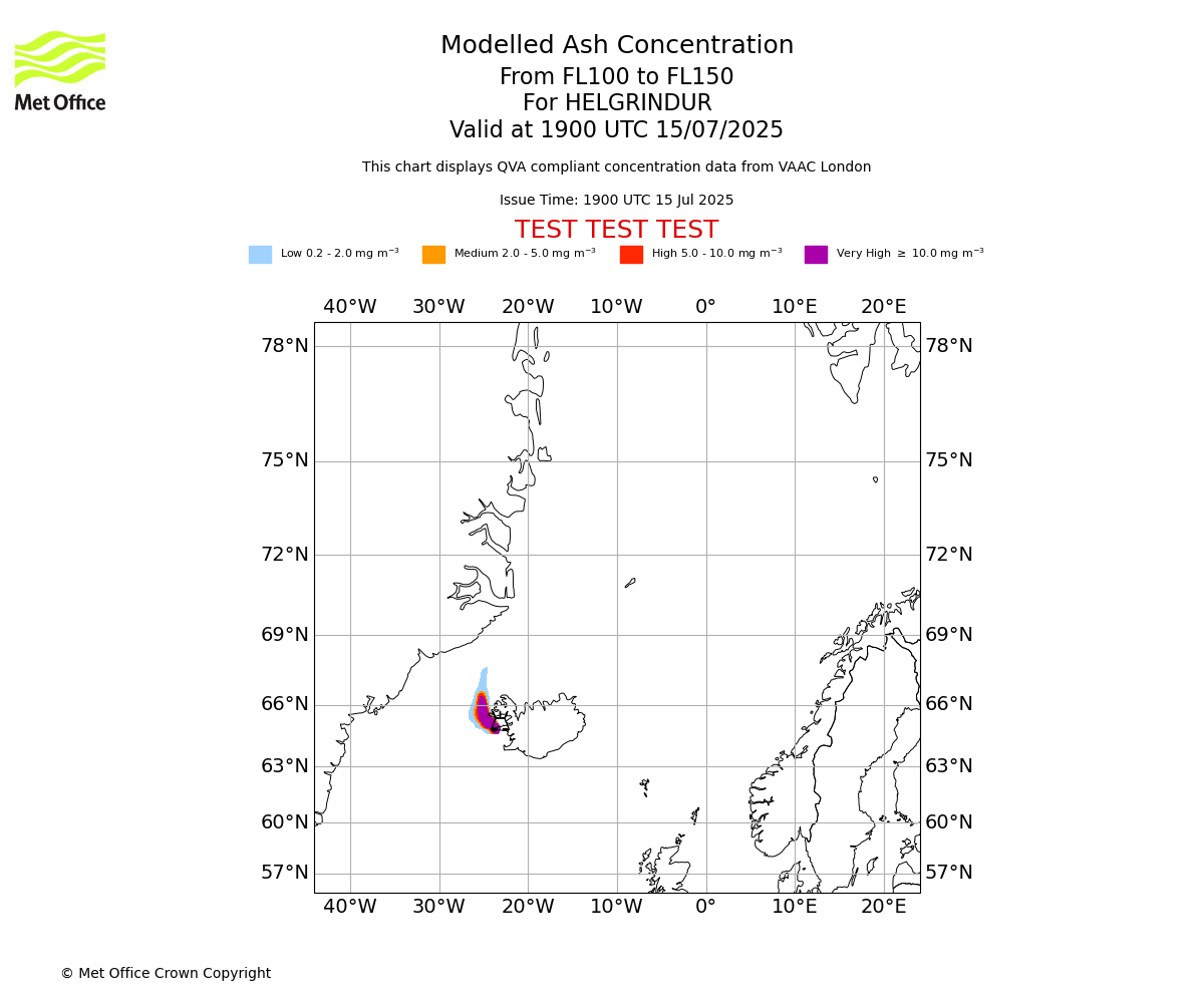 Modelled ash concentration from 100 to 150 for HELGRINDUR. Valid at 1900 UTC 15/07/2025