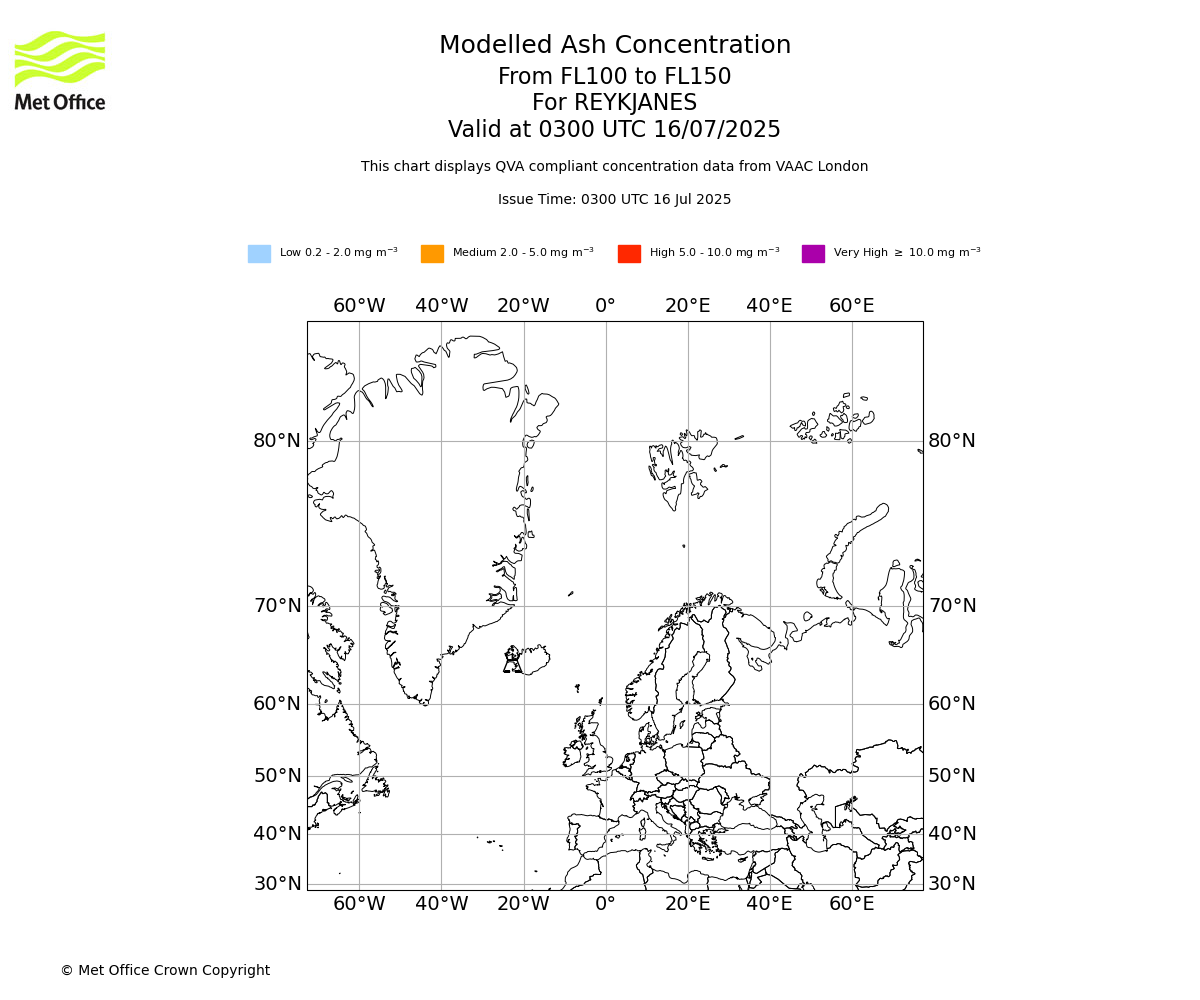 Modelled ash concentration from 100 to 150 for REYKJANES. Valid at 0300 UTC 16/07/2025
