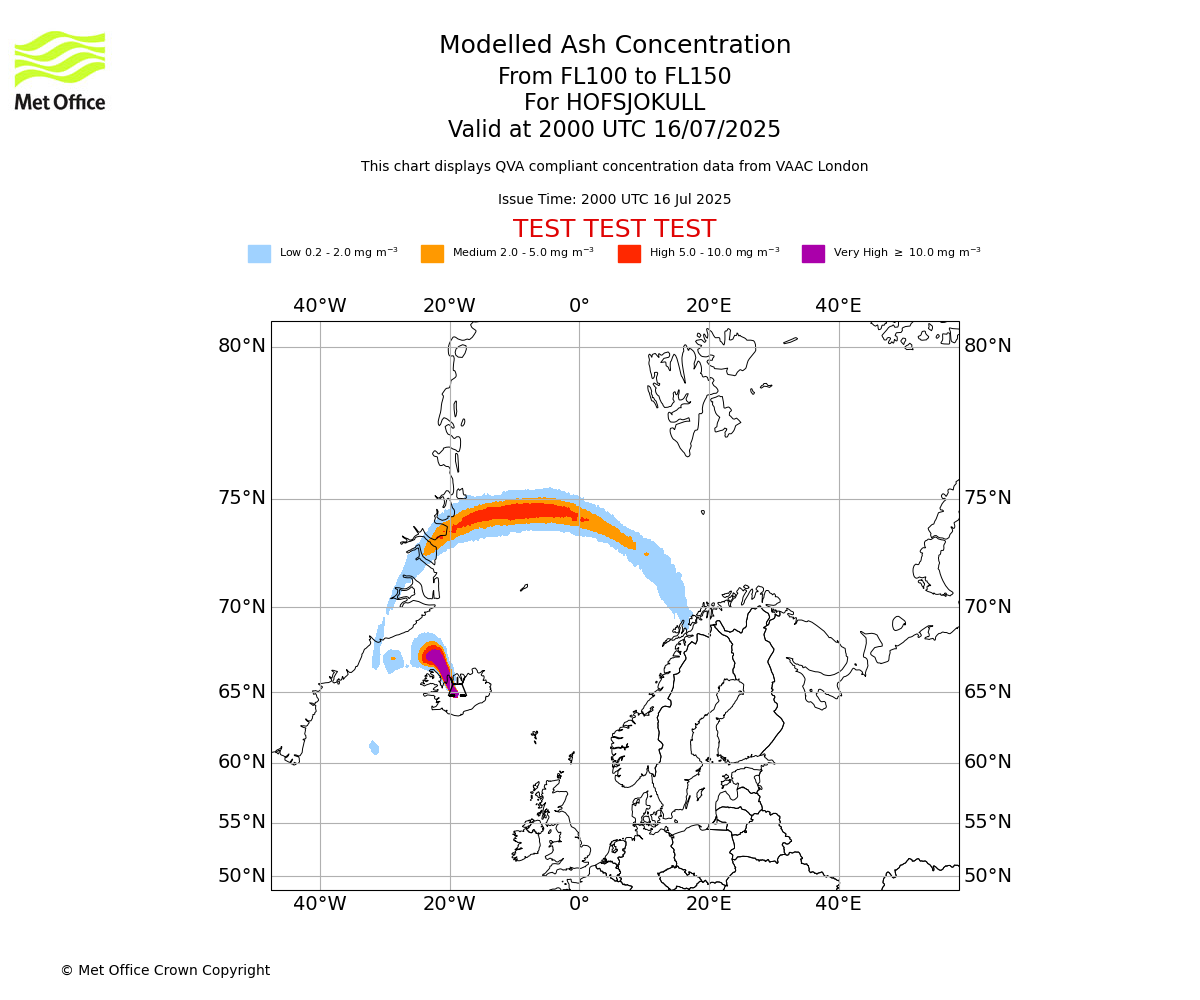Modelled ash concentration from 100 to 150 for HOFSJOKULL. Valid at 2000 UTC 16/07/2025