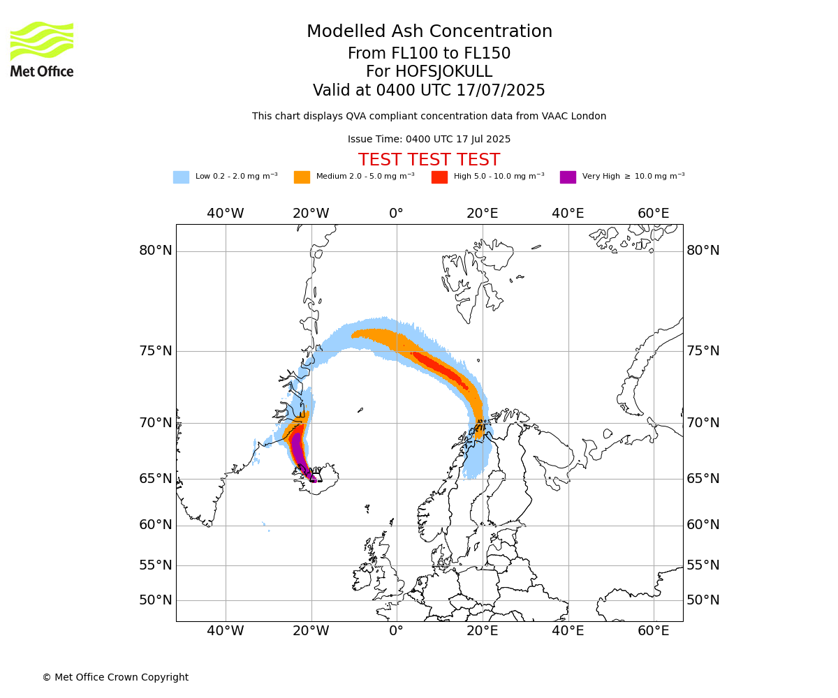 Modelled ash concentration from 100 to 150 for HOFSJOKULL. Valid at 0400 UTC 17/07/2025