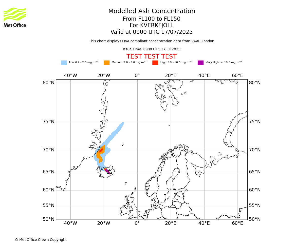 Modelled ash concentration from 100 to 150 for KVERKFJOLL. Valid at 0900 UTC 17/07/2025