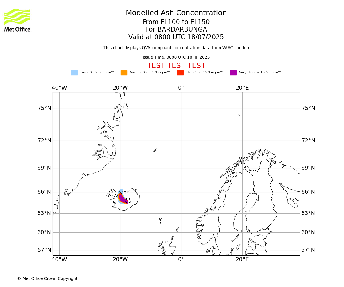 Modelled ash concentration from 100 to 150 for BARDARBUNGA. Valid at 0800 UTC 18/07/2025
